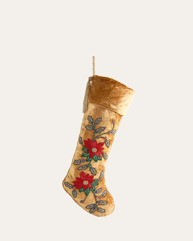 Gold Velvet Stocking with Vine and Poinsettia Beading